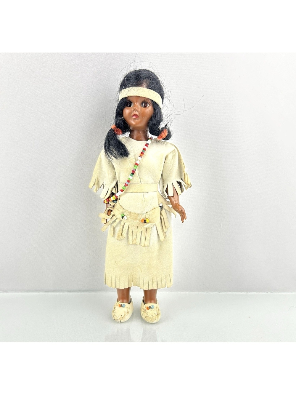 Vtg Native American Indian Sleepy Eye Doll Plastic Leather Clothes Beads Read